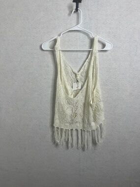 Elon Boho Crochet Fringe Tank Top Ivory Sleeveless Size Large NWT
